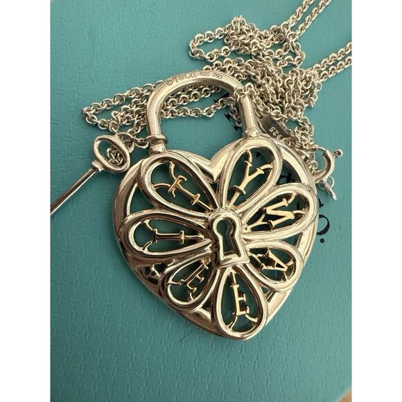 Tiffany Co Silver & 18k Gold Filigree Heart Lock Pendant Necklace W Key 24” 17g - Picture 8 of 16